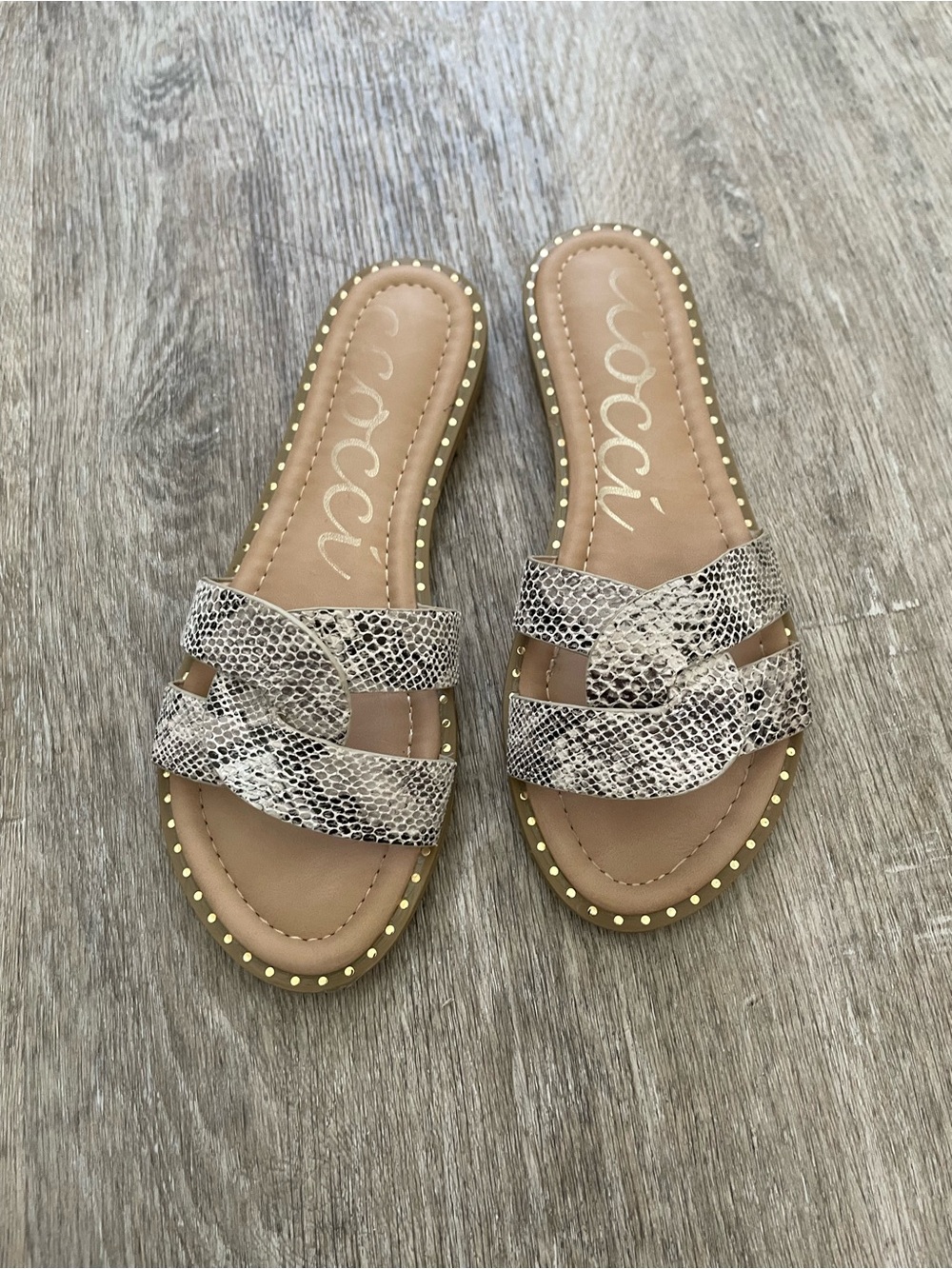 CCOCCI Neutral Snake-Print Slide Sandals with Gold Stud Trim